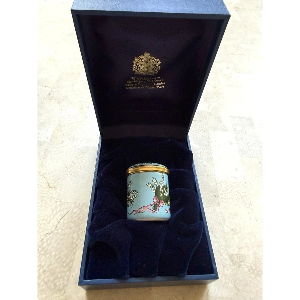 HALCYON DAYS‎ ENAMEL BOX - BOUQUETS OF LILY OF THE VALLEY - FLOWERS - RIBBONS